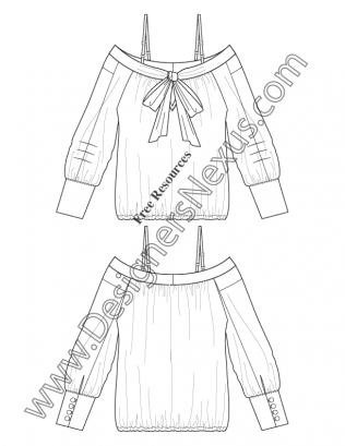 316x409 Off Shoulder Gather Hem Top Flat Fashion Sketches Illustrator - Shoulder Sketch