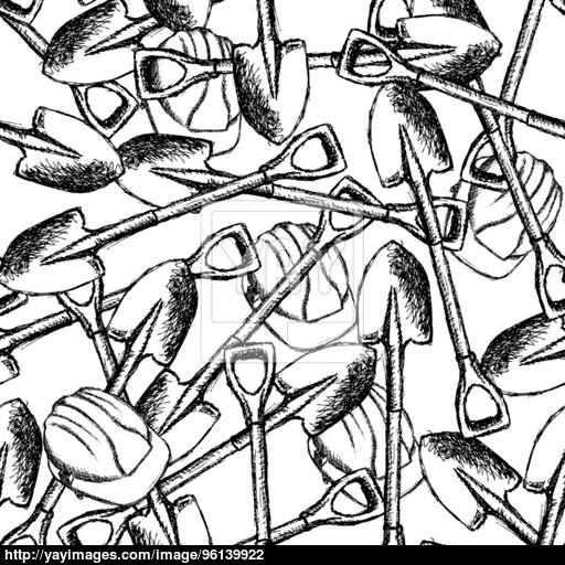 512x512 Sketch Shovel And Helmet, Vector Seamless Pattern Vector - Shovel Sketch