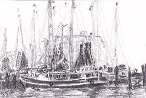 300x201 Original Shrimp Boat Dock Graphite Pencil Sketch - Shrimp Boat Sketch