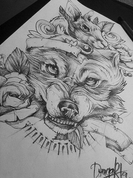 453x604 Sick Wolf Drawing With Some Roses Around. - Sick Sketches