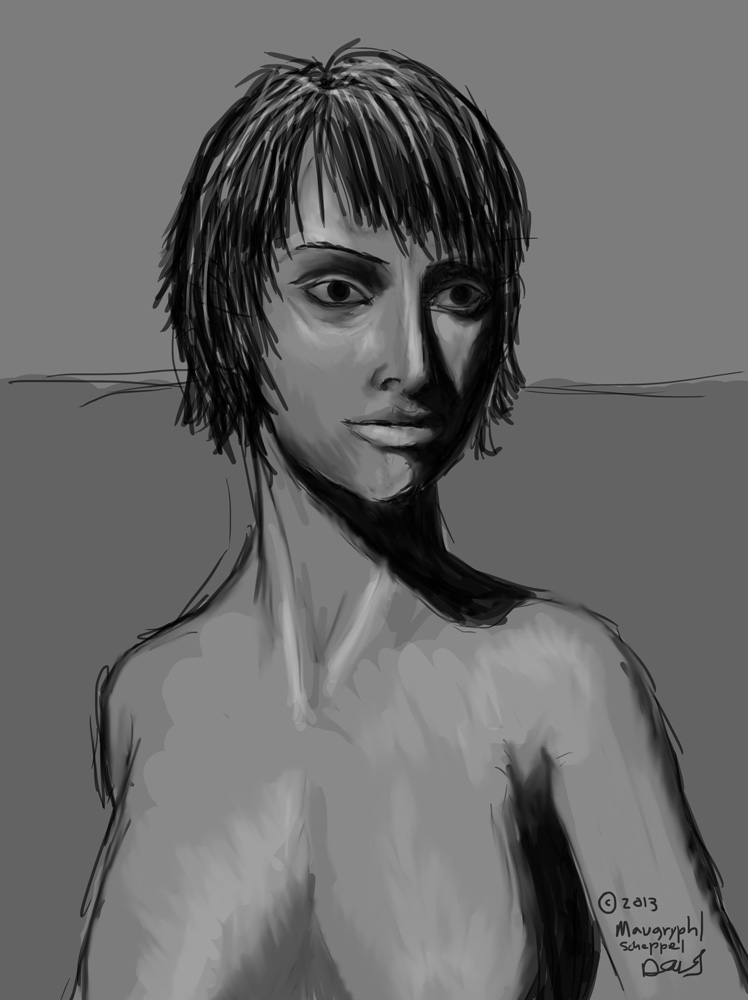 748x1000 Portrait, Woman, Short Brunette Hair, Looking To The Side (Value - Side Portrait Sketch