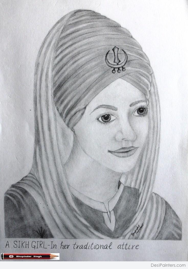 735x1054 Pencil Sketch Of A Sikh Girl In Her Traditional Attire - Sikh Sketch
