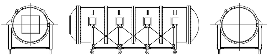 850x177 Sketch Of The Experimental Silo. Front, Lateral And Back View - Silo Sketch