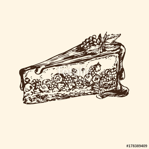 500x500 Slice Of Tasty Cake With Raspberries And Blackberries, Hand Drawn - Simple Cake Sketch