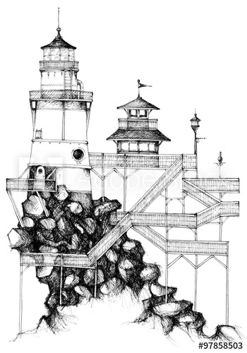 350x500 Simple Black On White Drawing - Simple Lighthouse Sketch