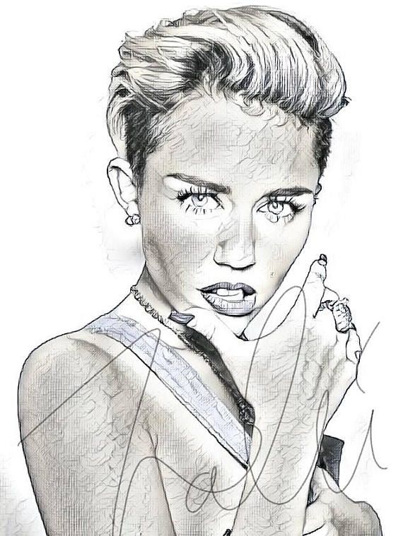 570x759 Miley Cyrus Sketch Drawing Print Wall Art Illustration Singer - Singer Sketch