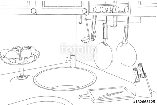500x337 Sketch Drawing Of Kitchen Interior 3d With Sink, Fruit Vase, Knife - Sink Sketch