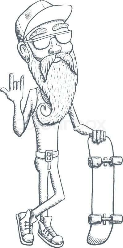 398x800 Bearded Old Man With Skateboard - Skateboard Sketch