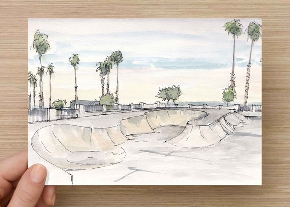 570x407 Ink And Watercolor Drawing Of The Santa Barbara Skate Park Etsy - Skatepark Sketch