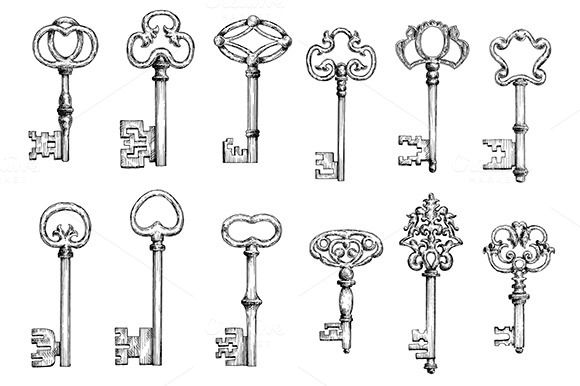 580x386 Old Skeleton Keys Sketches Set Transfers Vintage - Skeleton Key Sketch