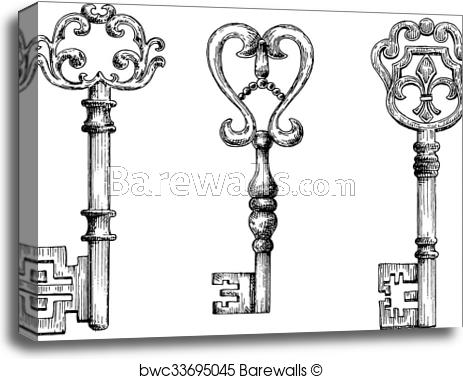 463x379 Canvas Print Of Sketch Of Medieval Skeleton Keys Barewalls - Skeleton Key Sketch