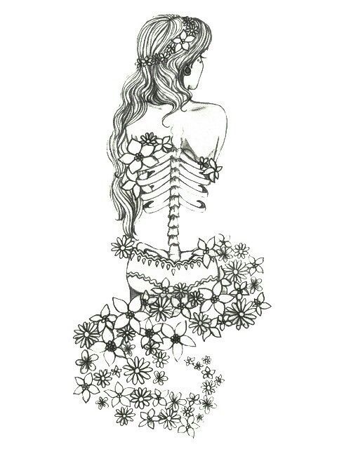 500x647 Girl Long Hair Flowers Skeleton Illustration Drawing Art Love - Skeleton Sketch Easy