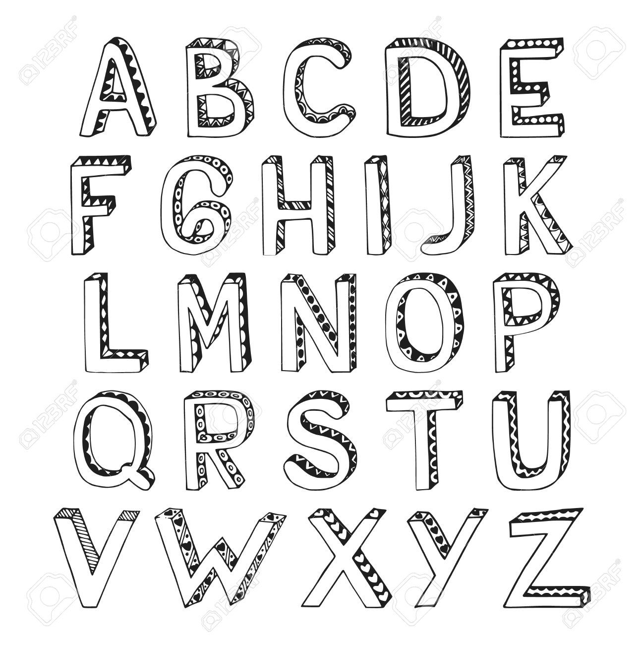 1299x1300 Sketch Hand Drawn 3d Alphabet With Hatch Lozenge And Heart - Sketch 3d Font