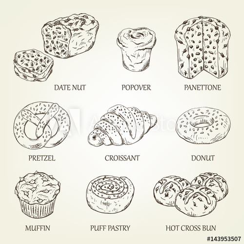 500x500 Graphic Sketch Of Different Pastry Products. Vector Illustration - Sketch Advertising