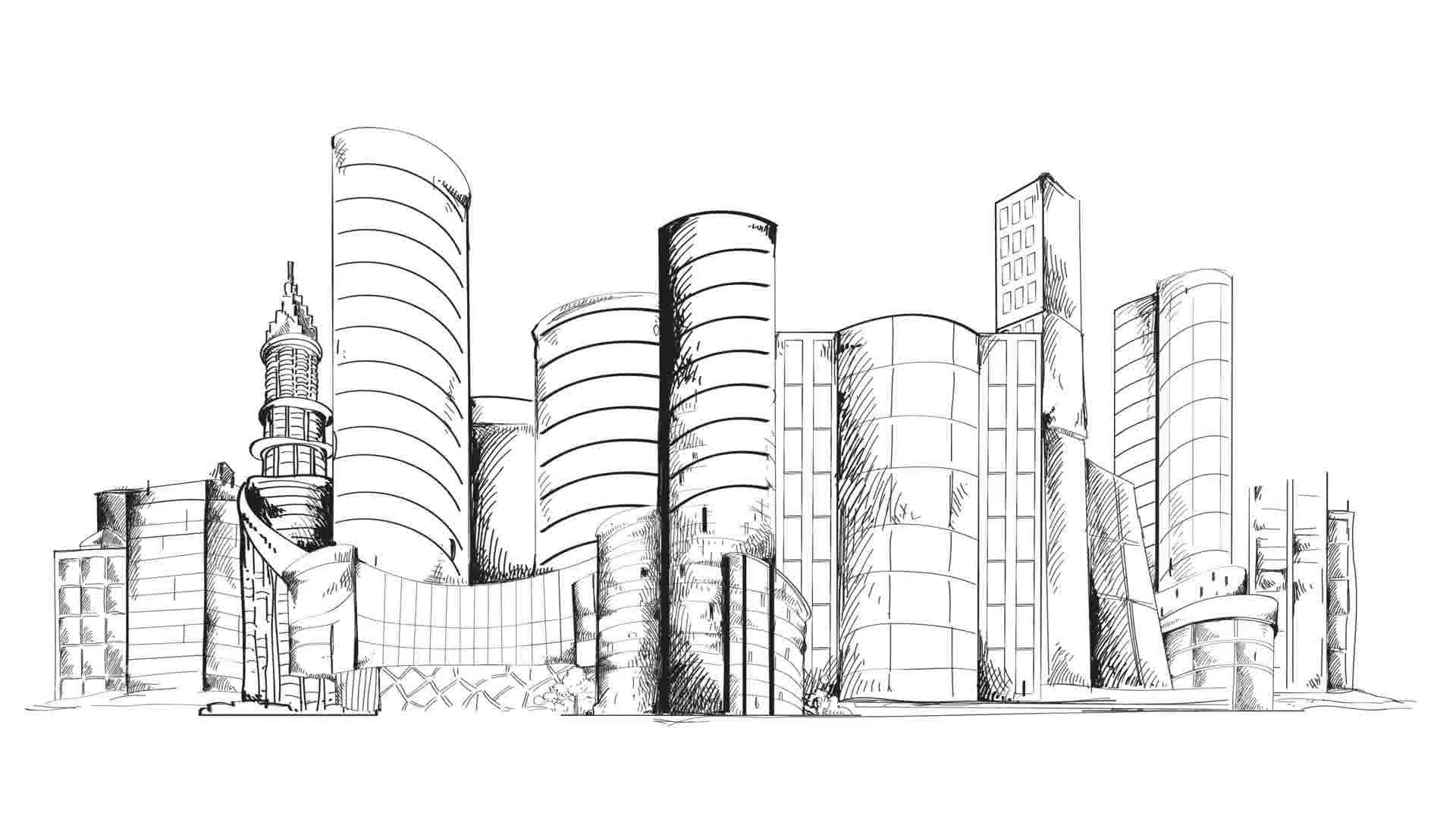 1920x1080 Modern Urban Sketch City Center With Skyscraper Building Cityscape - Sketch Animation Video