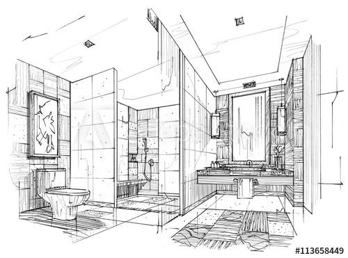 500x371 Sketch Stripes Toilet Amp Bathroom, Black And White Interior Design - Sketch Bathroom