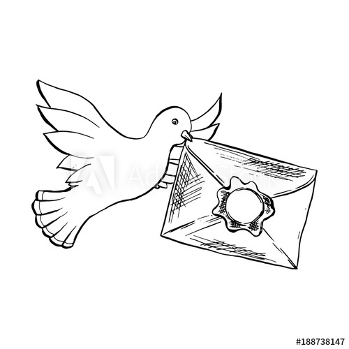 500x500 Dove Bird Flying With Envelope In Sketch Style. Outline Or Contour - Sketch Bird Flying