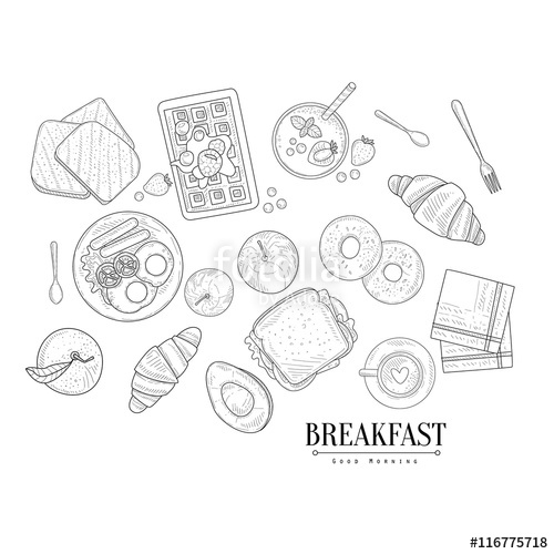 500x500 Breakfast Food Isolated Drawings Set Hand Drawn Realistic Sketch - Sketch Breakfast