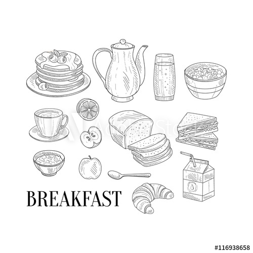 500x500 Breakfast Related Isoated Food Items Hand Drawn Realistic Sketch - Sketch Breakfast