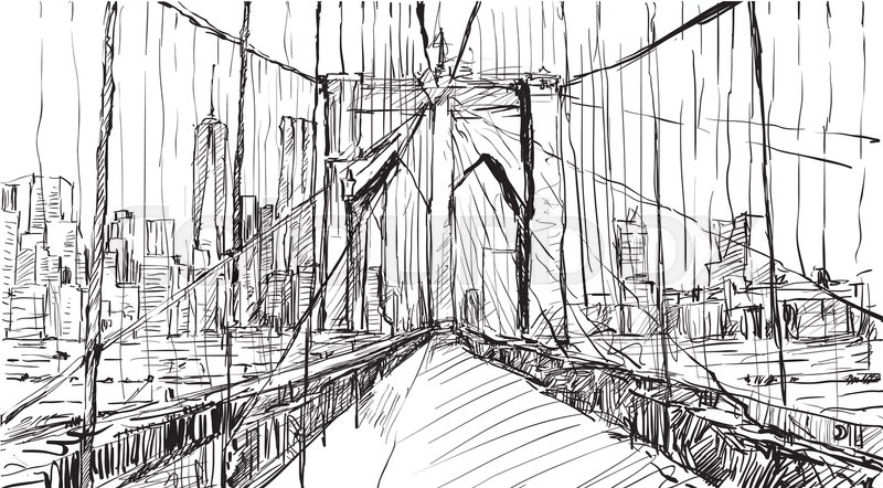 800x442 Sketch Of Cityscape In New York Show Brooklyn Bridge And Building - Sketch Bridge