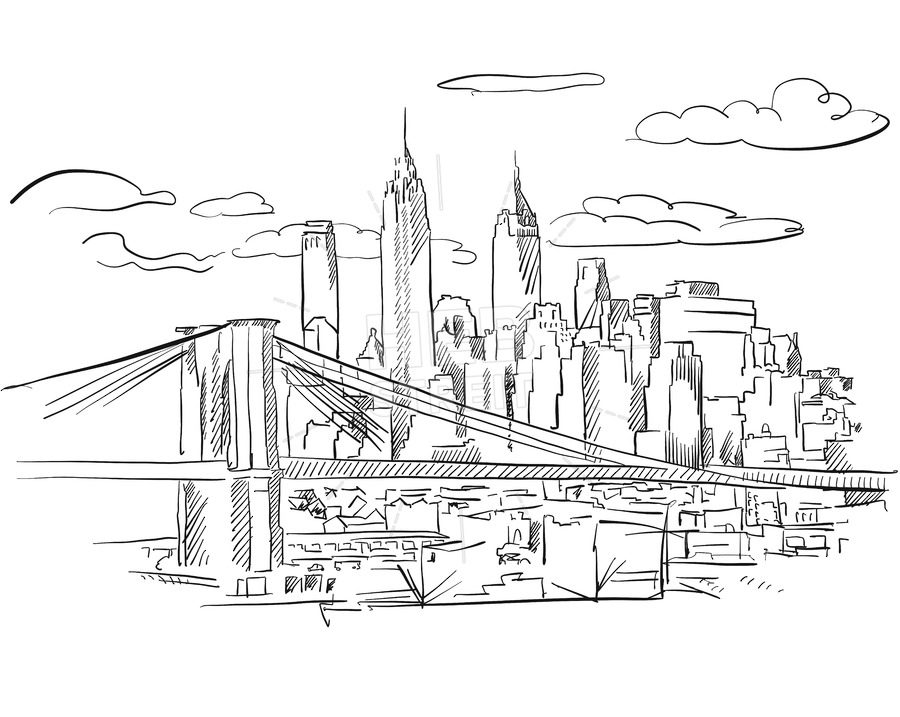 900x717 Manhattan And Brooklyn Bridge Detailed Sketch Hebstreits - Sketch Brooklyn Bridge