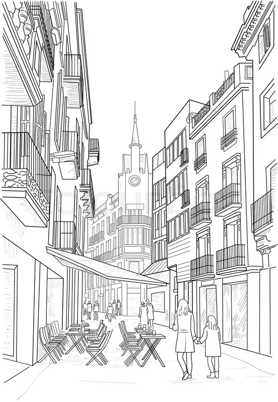 553x800 A Sketch Of A Street In Sitges With A Street Cafe. Spain Stock - Sketch Cafe