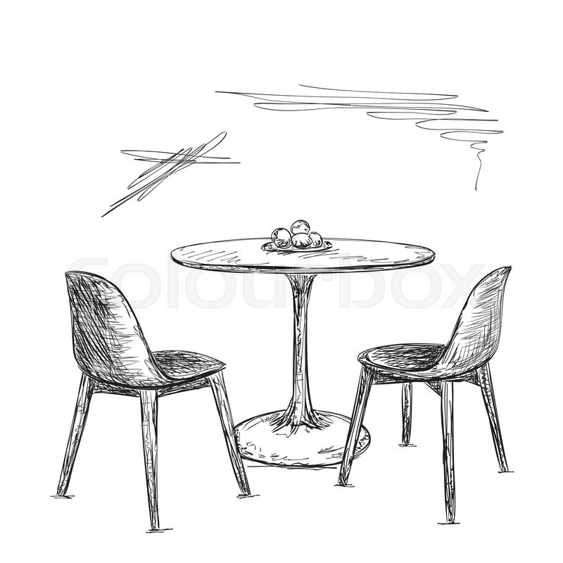 800x800 Hand Drawn Cafe Or Kitchen Interior. Table And Chair Sketch - Sketch Cafe