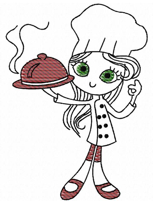 489x640 Swirly Girl Chef 1 Sketch Embroidery Design - Sketch Chef