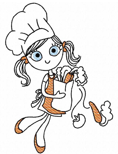 489x640 Swirly Girl Chef 2 Sketch Embroidery Design - Sketch Chef