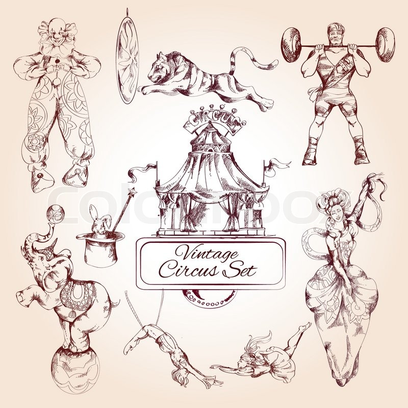 800x800 Decorative Magic Clown And Circus Animals Lion Elephant Vintage - Sketch Circus