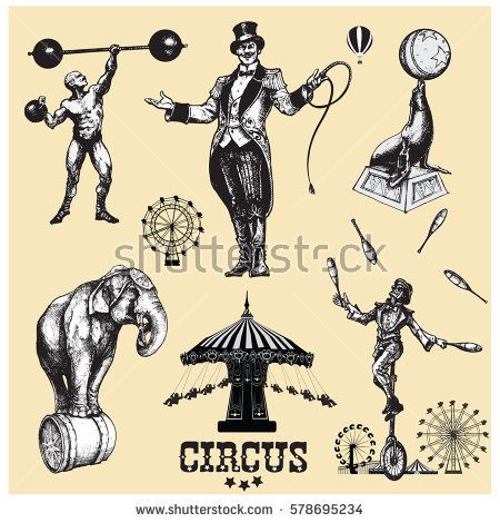 450x470 Circus And Amusement Vector Illustrations Set . Vintage Style - Sketch Circus