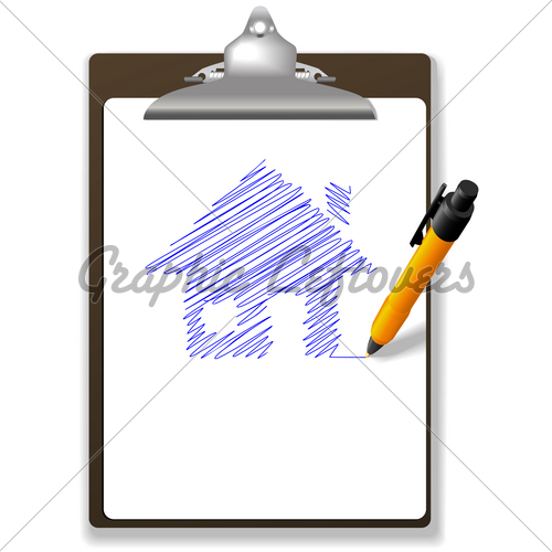 500x500 Pen Drawing House Plan On Paper And Clipboard Gl Stock Images - Sketch Clipboard