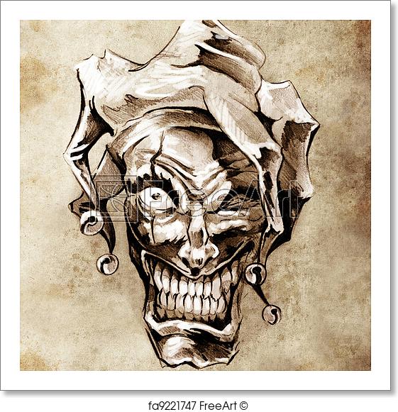 561x581 Free Art Print Of Fantasy Clown Joker. Sketch Of Tattoo Art Over - Sketch Clown