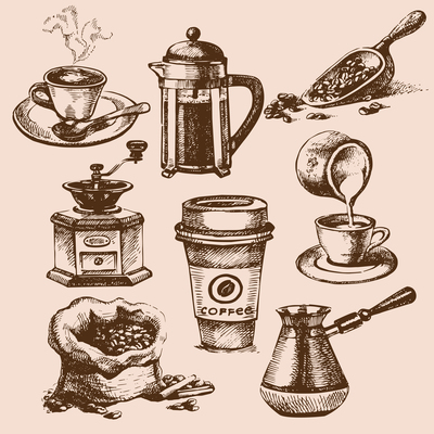 400x400 Hand Drawn Coffee Set Products Sketch Vector Illustration 37148 - Sketch Coffee