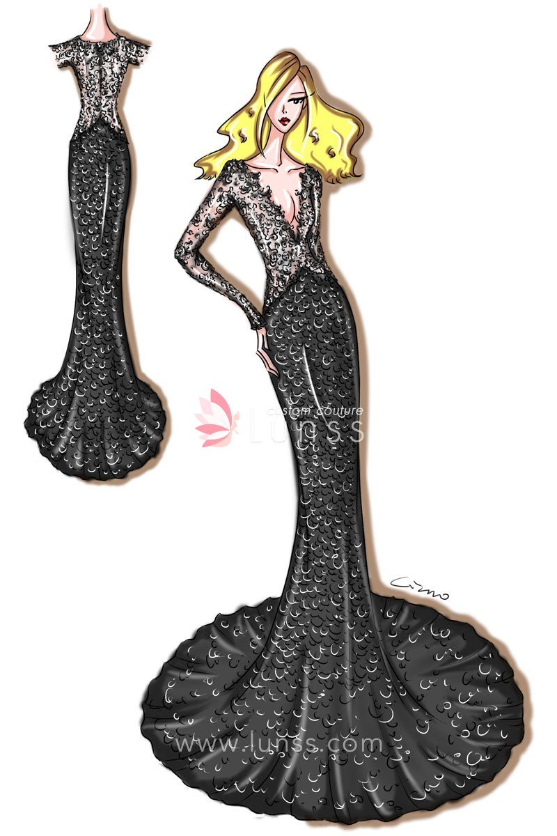 800x1200 Black Lace And Sequin Long Sleeve Mermaid Prom Dress Sketch - Sketch Couture