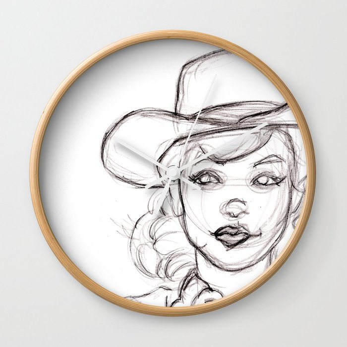 700x700 Pencil Drawing Sketch Of Retro Girl In Cowboy Hat Wall Clock By - Sketch Cowboy