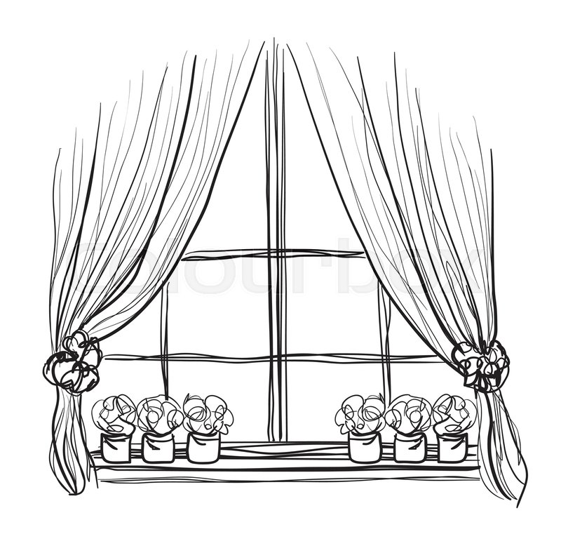 800x761 Hand Drawn Windows Sketch. Curtains And Flowers Stock Vector - Sketch Curtains