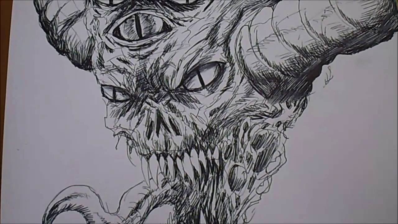 1280x720 Sketching A Demon Head With Black Inkjoy Biro Pen - Sketch Demon