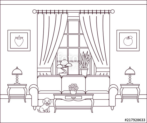 500x420 Living Room Interior. Vector Illustration. Outline Sketch. Home - Sketch Design Lounge