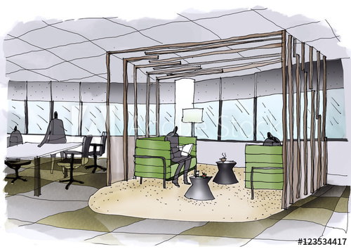 500x354 Outline Sketch Drawing And Paint Of A Interior Space, Office - Sketch Design Lounge