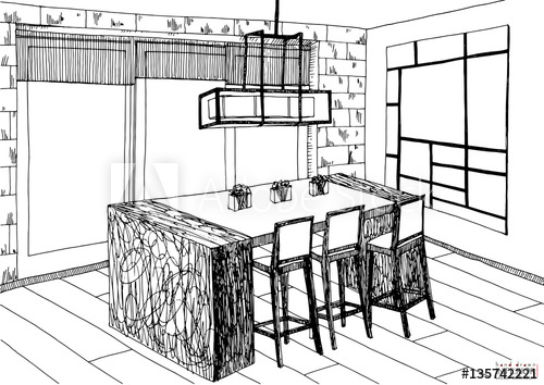 500x354 Black And White Sketch Of Interior Design Project. Hand Drawn - Sketch Design Lounge