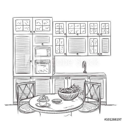 500x499 Kitchen Interior Sketch With Dinner Table - Sketch Dinner