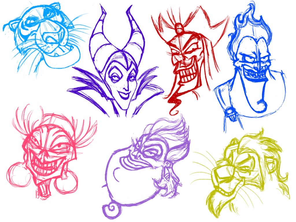 1024x768 Disney Villians Sketch - Sketch Disney