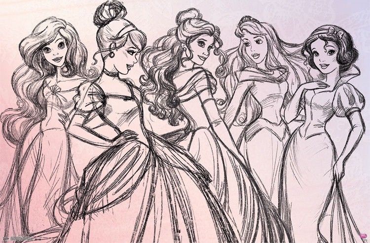 750x493 Disney Princess ~ Sketch 22x34 Art Poster Ariel Cinderella Snow - Sketch Disney Princess