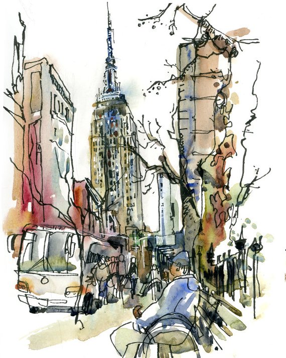 570x713 New York Sketch Empire State New York City Art Print From A Etsy - Sketch Empire