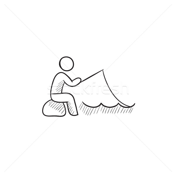 600x600 Fisherman Sitting With Rod Sketch Icon. Vector Illustration - Sketch Fisherman