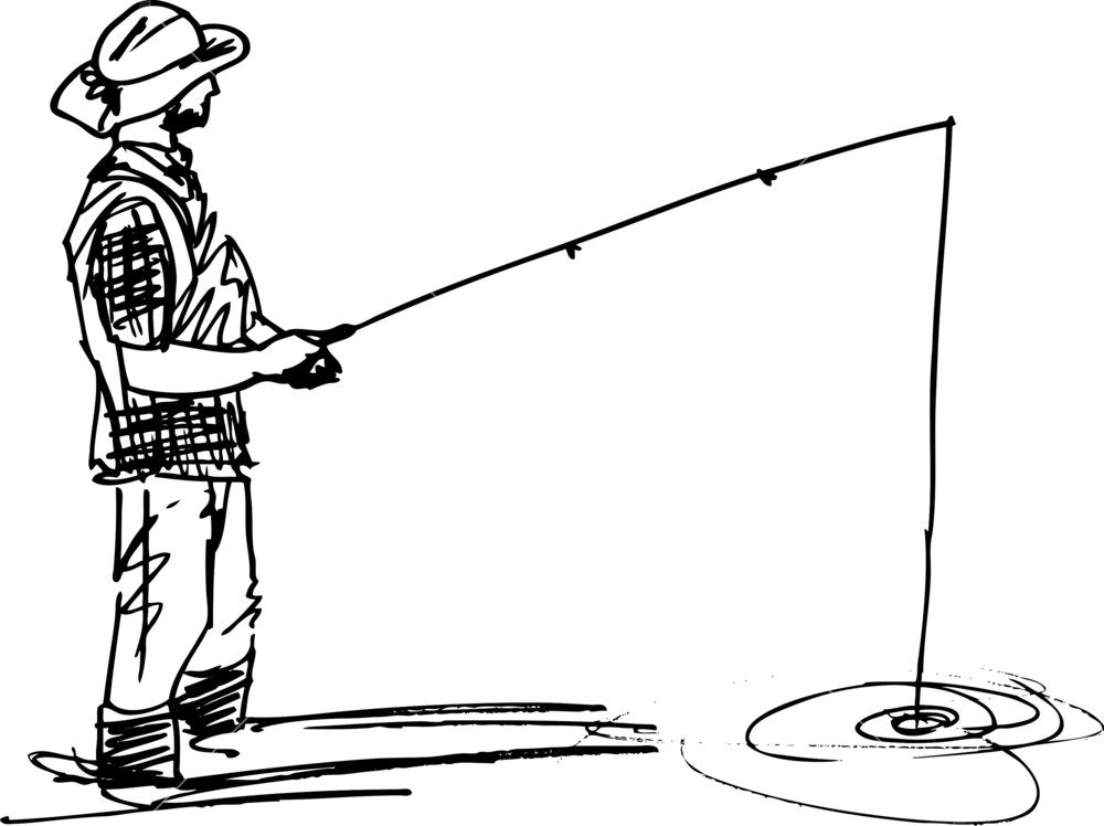 1000x748 Sketch Of Fisherman With Rod. Vector Illustration Royalty Free - Sketch Fisherman