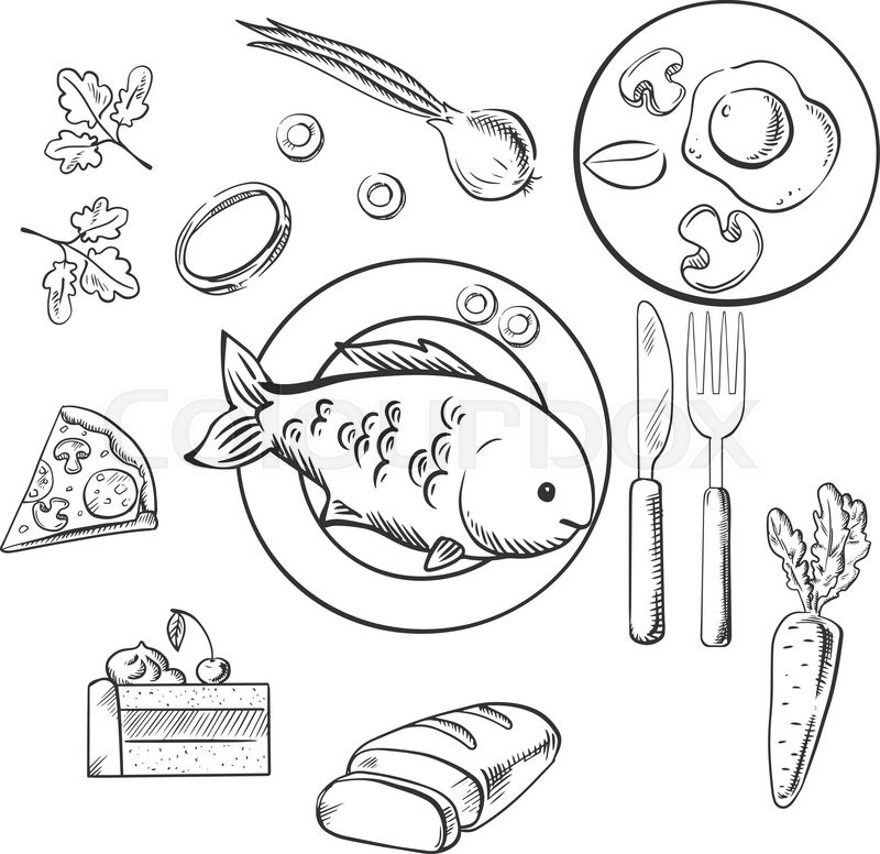 800x776 Fresh Dinner Food With Sketch Vector Icons As A Cake, Vegetables - Sketch Food