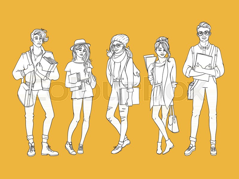 800x600 Vector Sketch Young Teen Students Set. Girls, Boy In Modern Casual - Sketch For Students