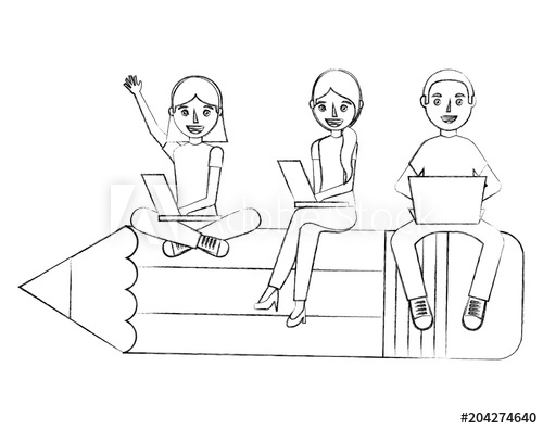 500x395 Group Students Sit On School Pencil With Her Laptops Vector - Sketch For Students